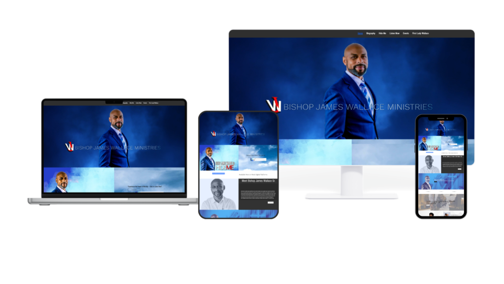 Bishop James Wallace Music Ministry website featured in SAFCOM STUDIO's Creative Portfolio showing our work for content platforms