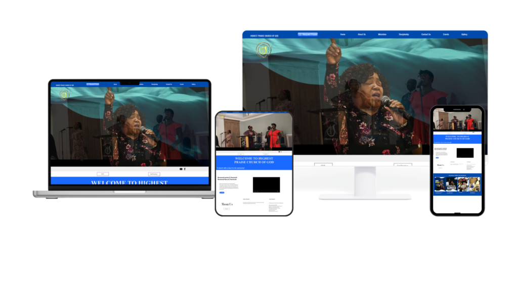 Highest Praise Church of God website featured in SAFCOM STUDIO's Creative Portfolio showing our work for religious organizations