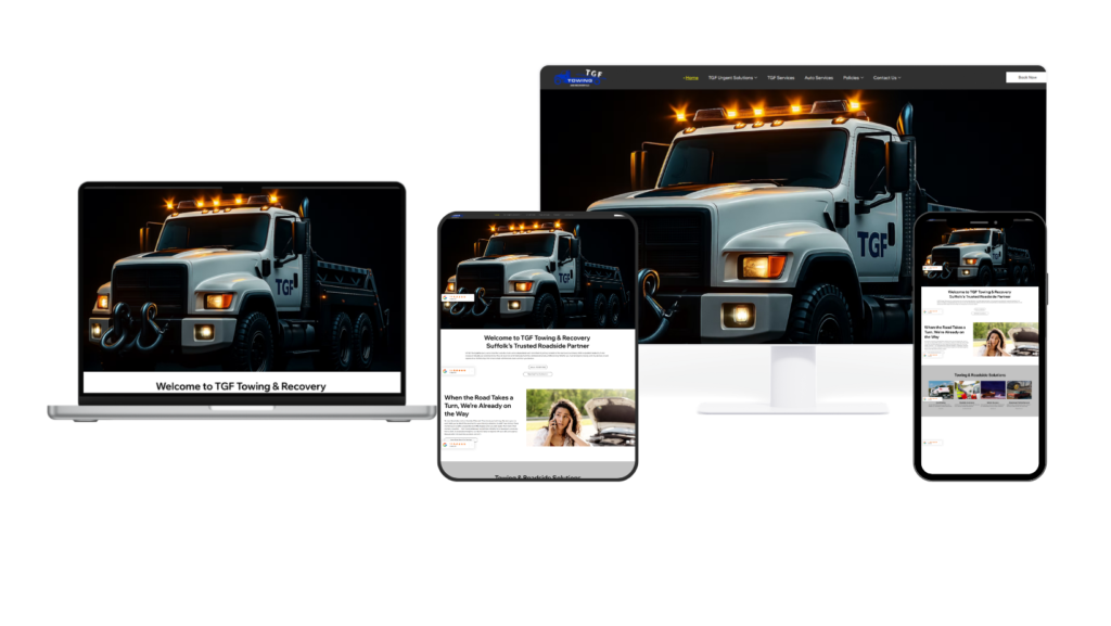 TGF Towing and Recovery service business website featured in SAFCOM STUDIO's Creative Portfolio showing our work for local service brands
